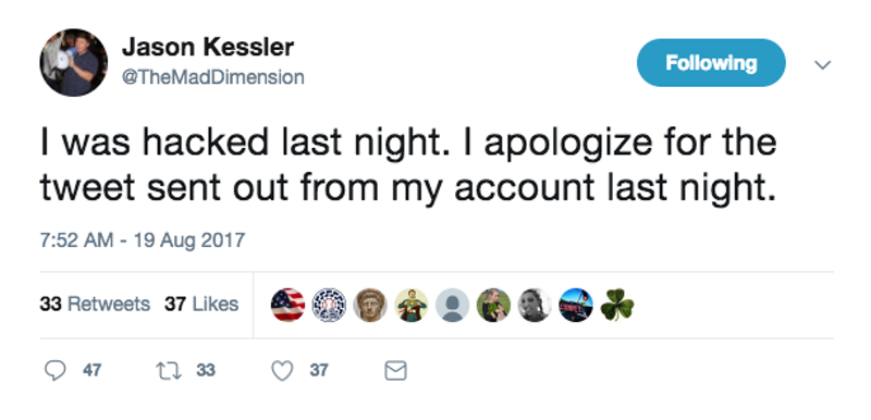 Screenshot of a tweet sent out by Jason Kessler claiming that he had been hacked last night when a tweet about Heather Heyer was sent out (Twitter)